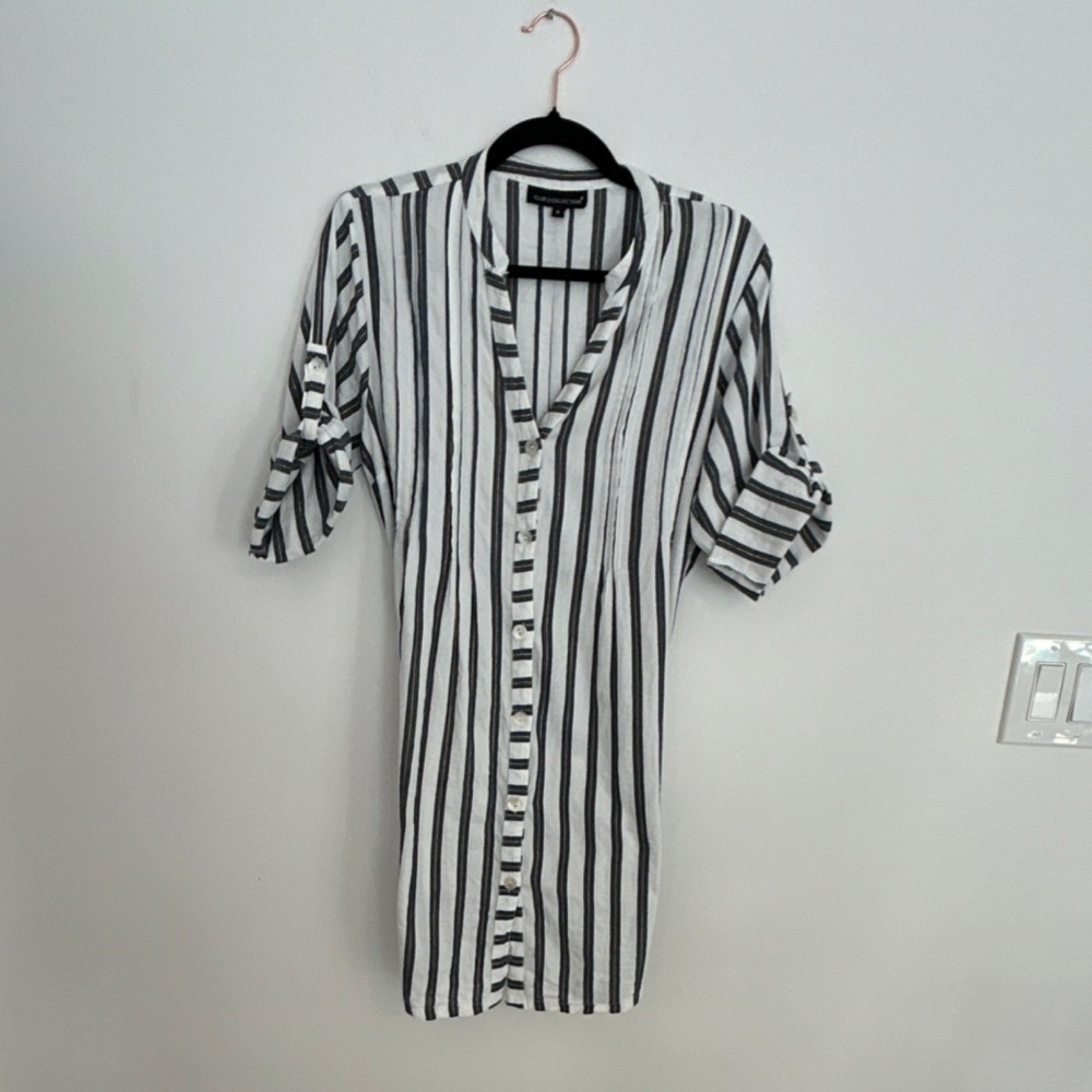 Club Z Collection Striped Shirt Dress Button V-Neck 3/4 Roll Tab White S